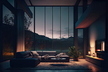 Eco-Chic Living: A Room with Artificial Light and Sustainable Furnishings during the Night. Generative AI.