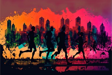 Fototapeta premium Dynamic marathon runners silhouette running in a big city with colorful urban skyscrapers silhouette background