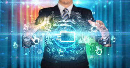 Businessman holding technology icon concept