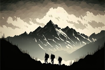 Fototapeta premium Peaceful hikers silhouette surrounded by pine trees in the mountains watching a snow-covered high central peak mountain silhouette