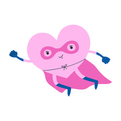 Cute character heart superhero. Valentine's Day card with love.