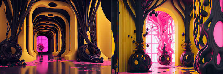 Colorful interior design. Melting walls. 3d rendered magical room, collection