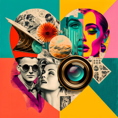 60s retro fashion collage with heart. Vibrant colors. Retro print style. Digital Illustration, Generative AI - obrazy, fototapety, plakaty