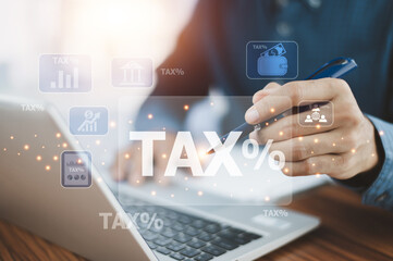 Accountant calculating income tax concept. Tax deduction planning and pay taxes online concept. Expenses, VAT, income tax