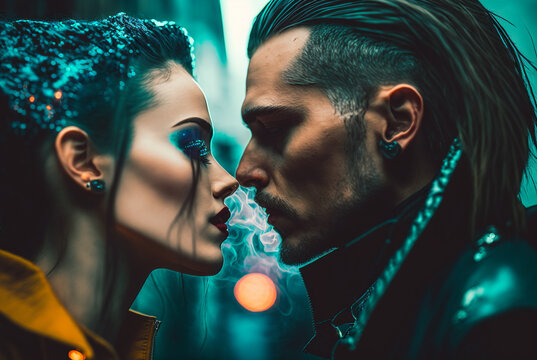 Cyborg Lover cyberpunk in futuristic city  background,generative ai.