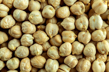 Chickpea texture background. Organic chickpeas pattern. Top view, close-up. Healthy food concept.