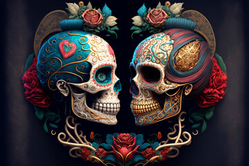 Valentine's day of the dead, Mexico's Dia de Los Muertos skulls skeletons, Generative AI