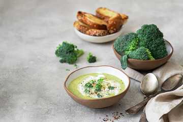 Spring  broccoli green cream soup .Healthy food concept