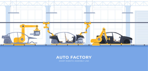 Automobile factory. Robotic intelligent conveyor for the production of cars. Vector illustration
