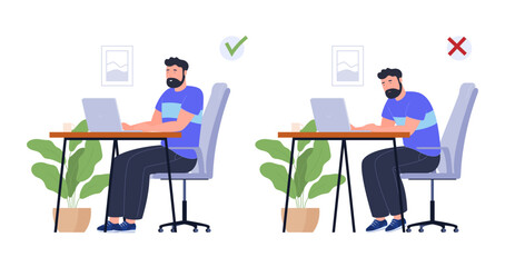 The correct way to sit at a desk while using a computer. Correct posture for a healthy back. Vector illustration - obrazy, fototapety, plakaty