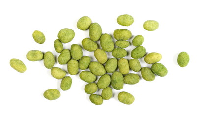 Wasabi coated peanuts isolated on white background, top view