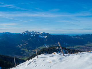 Lengries, Germany - December 28th 2022: Panoramic view towards Brauneck, Bavarian mountain on a sunny winter day