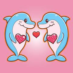 A Couple of Dolphin Jumping Like Sign and Symbol of Love, Valentines with Heart Shape in Vector