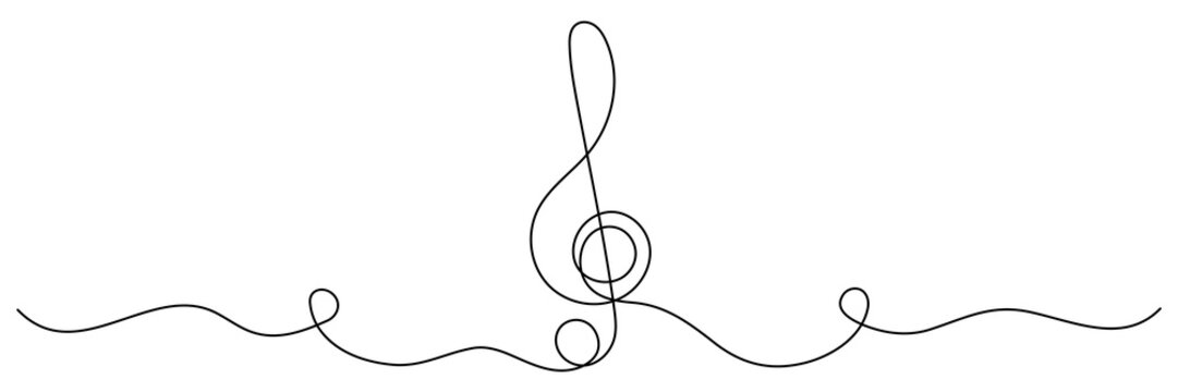 Treble clef continuous one line drawing. Linear key music note symbol. Vector isolated on white.