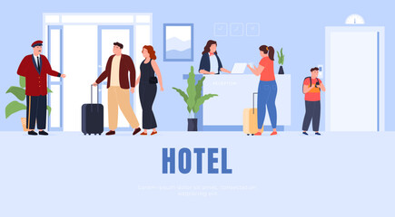 Hotel reception on the first floor. Service staff of the hotel. Have a nice rest on the trip. Vector illustration