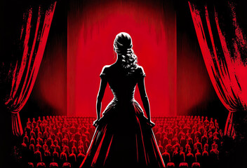 An young attractive actress in long dress standing on a theatre stage. Back view. Red and black illustration. Created with Generative AI. Not a real person. - obrazy, fototapety, plakaty