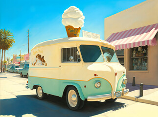 An ice cream truck parked near a small shop in a town street on sunny summer day. Created with Generative AI.