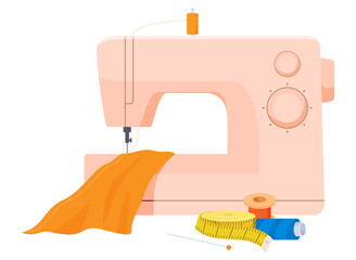 A sewing machine with a piece of fabric. Tailoring. Vector illustration