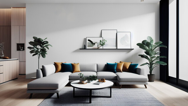 Big grey sofa in simple modern living room with product placement copy space. Generative AI