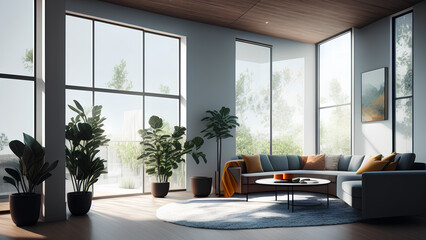 Spacious modern living room home house interior with plant and corner sofa. Cosy apartment. Generative AI