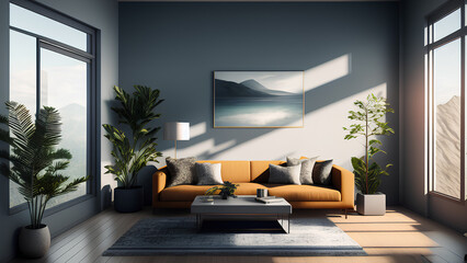 Interior design of cozy living room interior with copy space, mock up poster frame, grey table, plant and window. Personal accessories. Home decor. Template. Generative AI