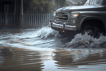 Überflutete Straße nach Unwetter durch den Klimawandel und die Erderwärmung. Überschwemmtes Auto in der Stadt nach starken Regen. Generative Ai
