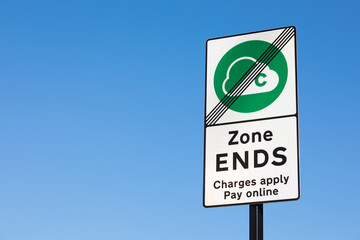 Clean air zone ends. View of a road sign.
