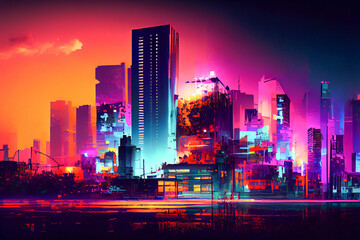 Fototapeta na wymiar Neon city in metaverse illustration. Futuristic cyber city cityscape. Empty road with neon lights. Generative AI, dripping paint
