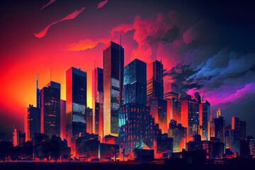 Fototapeta premium Neon city in metaverse illustration. Futuristic cyber city cityscape. Empty road with neon lights. Generative AI, dripping paint