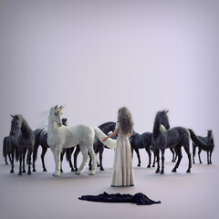 Girl dressed in white dropping her black clothes and finding a white unicorn among dark horses