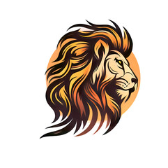 logo of the head of a lion in profile, drawing with elegant ink lines in cartoon style with yellow and orange colors, isolated with a sun in the background - symbol for a brand label or a tattoo