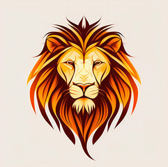 Fototapeta na wymiar logo of the head of a lion, drawing with elegant ink lines in cartoon style with yellow and orange colors, isolated over a beige background - symbol for an epic brand label