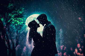 Fototapeta na wymiar Couple in love hugging and kissing on a rainy night, generative ai
