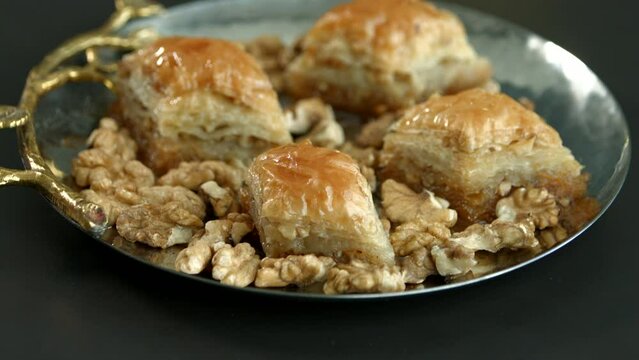 Traditional turkish baklava pistachio pastry. Dilberdudagi, ozel kesim baklava, cikolatali baklava, fistikli baklava, katmer, fistikli kadayif, kattafi, fistik sarma, soguk baklava, midye baklava, cev