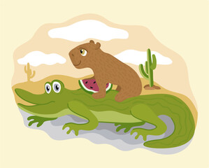 Vector cute illustration of capybara and crocodile.