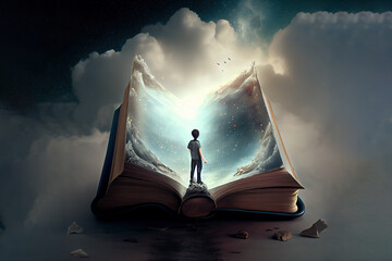 Boy standing on the opened giant book with fantasy. Generative Ai