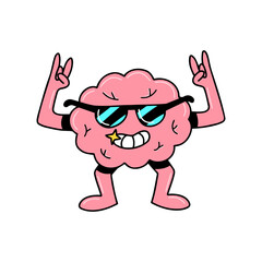 Brain emotion vector cartoon character cute face sunglasses party maker have fun toothy smile rock roll gesture isolated on white background