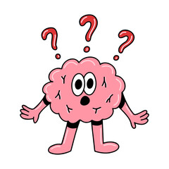 Brain emotion vector cartoon character cute face confused question marks search solution problem gesture isolated on white background