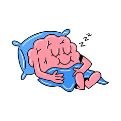 Brain emotion vector cartoon character cute face sleep peacefully closed eyes have rest relax pillow blanket isolated on white background
