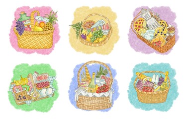Picnic baskets set, watercolor illustration for card, invitation, poster