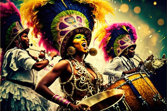 South America Carnival with samba dancers and musicians. AI