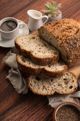 Freshly baked wheat bread loaf breakfast table