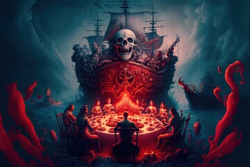 Banquet in hell with demons and pirates and soldiers. High quality illustration. Generative AI