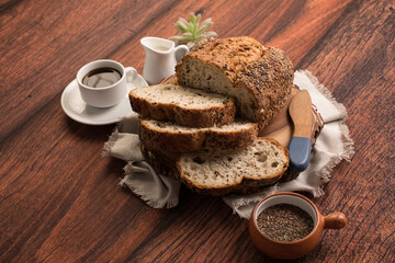 Freshly baked wheat bread loaf breakfast table
