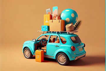 Summer Holiday and Travel Concept with Car on Blue Background