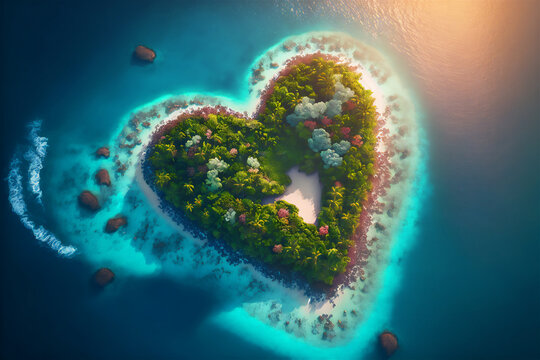 Heart shaped island of lovers with sandy beaches and rocks around tropical vegetation aerial view. Generative AI technology.