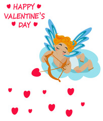 Cupid with bow on the cloud. Valentines day.  Cute Amur. Love. The 14th of February. Valentine. Happy Valentine's day. Many little hearts. Love. Romantic card. Vector illustration