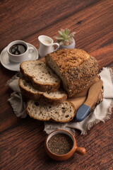 Freshly baked wheat bread loaf breakfast table