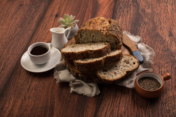 Freshly baked wheat bread loaf breakfast table