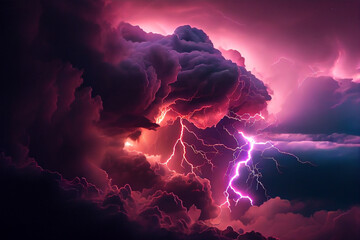 Lightning and stormy grey and pink clouds background. Created with Generative AI technology